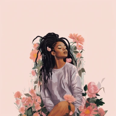 llustration of black woman, with locs, surrounded by flowers, boho modern aesthetic, cottagecore, avacadopunk, florals, soft pastel tones, wearing nikes, flawless and clean line work, flat, low detail, clipart, white background