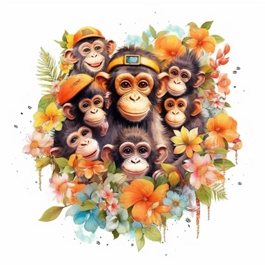 funny monkeys and flowers illustration clipart, detailed, black outline, white background, 4k, watercolor, digital art