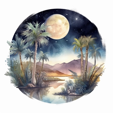 clipart style, watercolor scene of A dreamlike image of an Enigmatic Desert Oasis, showcasing the moon and stars illuminating a peaceful oasis. The palm trees create a sense of tranquility, while the night sky adds a touch of mystery and wonder. This captivating scene invites viewers to imagine the stories and adventures that unfold in this hidden oasis, HD, on white background