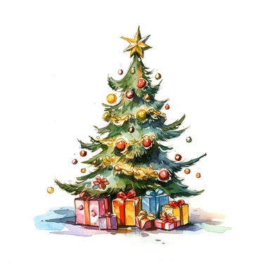 a cartoon clipart of a christmas tree, 1960's golden book illustration, white background, watercolor