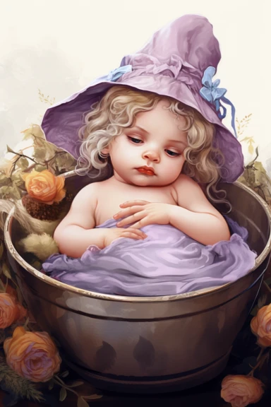 clipart, realistic newborn witch, pastel colors, vintage style
