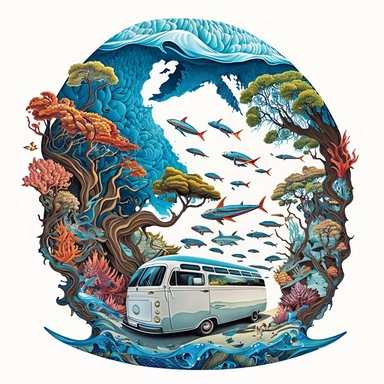 Imagine a captivating scene of a van gliding through a glassy wave, surfboards reflecting the vibrant colors of a coral reef below, with palm trees swaying in the gentle breeze against a pristine white canvas, illustration style, white background, clipart, PNG pure white background, high resolution, hyper detailed, best quality, high detailed illustration