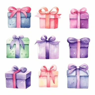 set of watercolors cute giftbox for kids book, white backgroun, clipart, clean and crisp