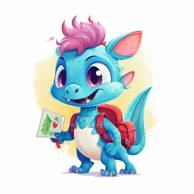 Characters Cute baby dragon with backpack on his back going to school on school background, kids style, 2D, vector, good quality, Pixar children's book illustration, vector, cartoon character, hand drawn, clip art