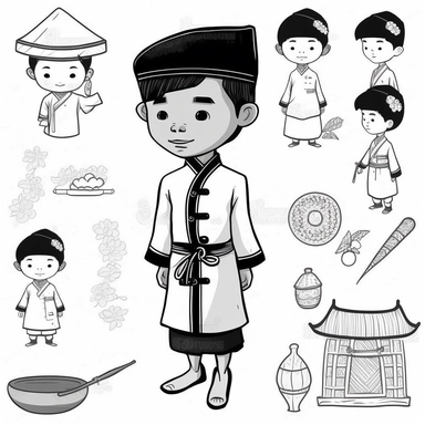 a boy, simple, traditional costume, local food, and animal,educational, history, and cultural diversity, clipart style, cute, picture book style, captivating, kid friendly cute character, black and white, coloring book, not color style, cartoon style, vector image, simple, line art style, character, white background