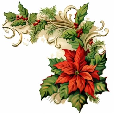 clipart with white background, poinsettias and pine boughs with pretty Christmas bow as a partial page border, clipart, clearly defined separate image, high quality, vintage style--ar3:4-no mockups, watermarks, numbers, writing, letters--q2--v5.1--s1000