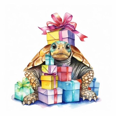 Clipart, watercolor, white background: A birthday turtle wearing a party hat and carrying a stack of colorful presents on its shell, moving slowly but surely to join in the festivities.