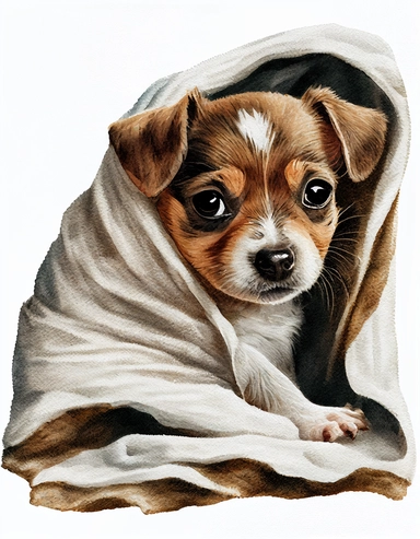 baby dog in a blanket, watercolor clipart, transparent background,