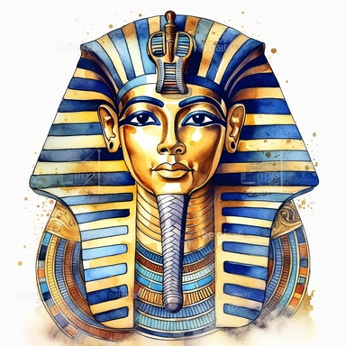 Clipart, watercolor, white background: A ceremonial mask of an ancient Egyptian pharaoh, intricately crafted and adorned with precious materials, symbolizing the ruler's connection to the gods.
