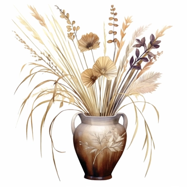 Design a dreamy watercolor clipart of a chinese-inspired ceramic pot with a Bouquet of dried grasses, seed pods, and foliage in shades of brown, tan, and cream for a natural and earthy display composition, hand-painted with soft and graceful brushstrokes. Draw inspiration from the artistic finesse of Ethereal Petals Watercolors for a refined and ethereal depiction. isolated on a white background, hand-drawn illustration, hand-painted watercolor texture, 16k UHD resolution, intricately detailed, 