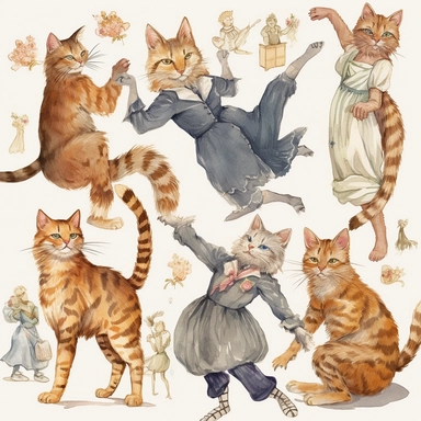 watercolor clipart, cats, dancing, Art Nouveau, highlty detailed