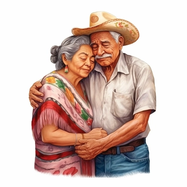 Latina grandma embracing grandpa, Mexican grandparents hugging, illustration clipart, high detail, white background, digital art, watercolor,
