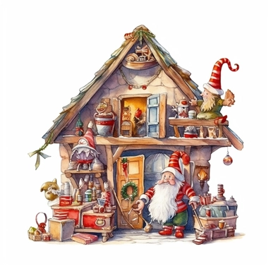 watercolor style, Santa's workshop: A depiction of Santa's magical workshop, bustling with elves, toys, and gift preparations. Clipart, isolated on white background, 4K