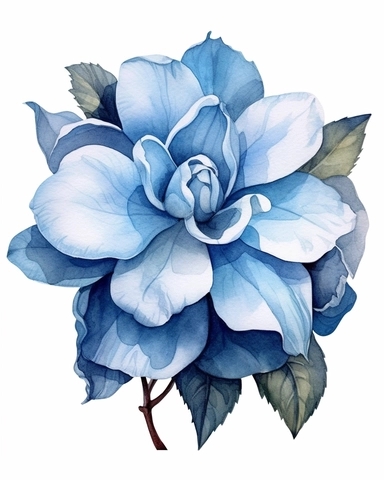 detailed watercolorart big blue gardenia head no leaves , isolated on white background, realistic, clipart
