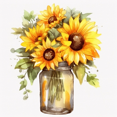 A delightful watercolor clipart image showcasing sunflowers in a mason jar. The artwork captures the rustic charm of a mason jar filled with bright and cheery sunflowers. The sunflowers, with their vibrant yellow petals and contrasting centers, radiate warmth and happiness. The transparent jar allows the beauty of the flowers to shine through, adding a touch of elegance to the composition. Soft brushstrokes and subtle washes of color create a sense of lightness and delicacy. This captivating cli