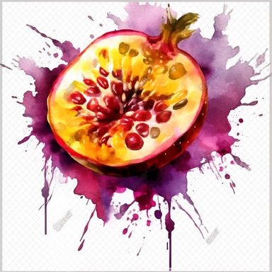 passion fruit slice clipart, passion fruit slice png,watercolor, blots, in the style of johannes jan schoonhoven, red-violet and yellow tints , rounded, decorative paintings, use of light and shadow, rtx on, geometry-inspired , 115:113, in the style of playful geometrics, yanjun cheng, ful witchy academia, meticulous design, 3d concept art , in the style of geometric shapes and patterns, hyper-realistic fruit illustrations, bold, manga-inspired characters, crazy inspired