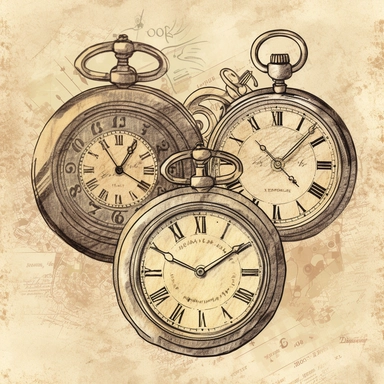(Image we're prompting): A pencil sketch of vintage clocks on ephemera paper with ornate illustrations. The design style is vintage with distressed textures, muted colors, and craft paper texture. The background features handwriting lines. The artwork is created with pen and ink on paper with watercolor washes. The recommended type of art style can be watercolor, vector, or flat illustration. The recommended background is a white background, rice paper texture, or clipart. The recommended design