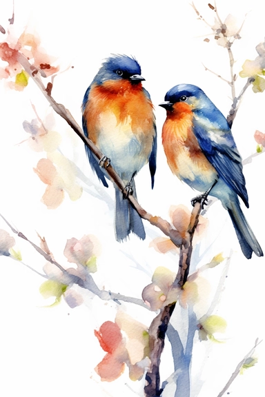 Watercolor cute birds standing on a branch in spring, nature, very vivid colors, highly detailed drawing, white background, clipart, colorful, highly detailed, HD