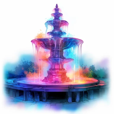 The holographic fountain is a marvel of technology and art, with its ethereal glow and cyberpunk design. The watercolor clipart style adds to the dreamy and otherworldly atmosphere of the scene. The lighting is natural, casting a soft and colorful glow on the fountain and its surroundings. The colors used are a mix of vibrant and muted hues, creating a balance between the futuristic and the mystical. The composition of the scene is set to capture the best view of the holographic fountain, with a