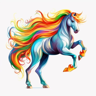 a cartoon beautiful horse, rainbow color hair and tail, dancing, full body image, horse clipart, white background