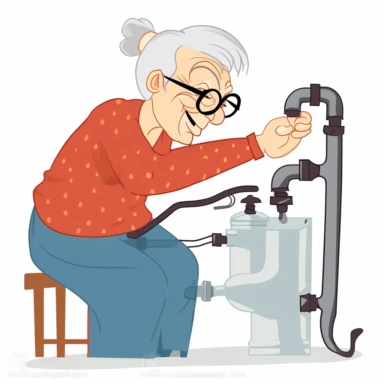 clipart of a grandmother installing an electronic device on a heating pipe on a white background