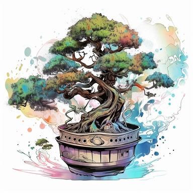 one bonsai tree singing resouling of all time Watercolor clipart on a white background, in the style of digital gradient blends, classic tattoo motifs, rounded shapes, esao andrews, stained glass effects, realistic forms, water drops, no watermark, text, 300 DPI , typography, shapes do not stick together, no text in the picture, on a white background