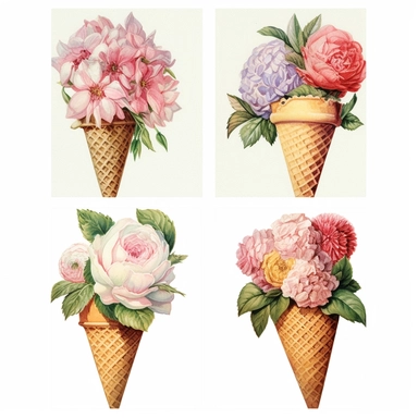 4 watercolor cliparts of neoclassical icecream with flowers integrated on it, yaka art, Hyperrealistic still life, aurorapunk, 1990s, appropriation artist, hellenistic art