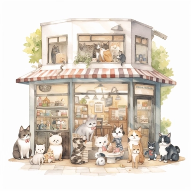 watercolor, Pet Café: Illustrate a cartoon featuring a pet-friendly café where people can enjoy drinks and treats while surrounded by cute and friendly pets. png Full body realistic cartoon in 32K UHD cute. 15 cm thick outline. Black color. There was no shadow on the ground. 8k with realistic watercolors and detailed illustrations. PNG clipart, transparent white background