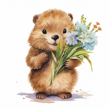 a captivating watercolor clipart image with a white background and white margins, featuring a cute sweet extremely happy smiling baby beaver holding a flower bouquet, full body, The ultra-detailed, hand-drawn elements capture the details. Use vibrant shades of various colors to create a visually appealing image
