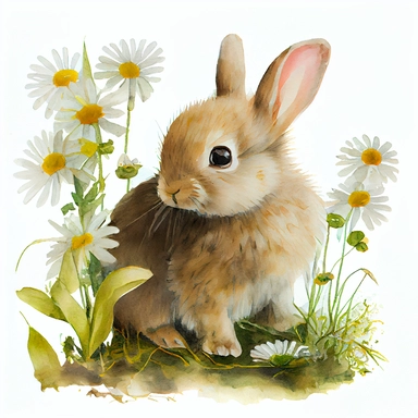 watercolor clipart,verry realistic image of a baby bunny,holding a daisy,forest around,trees,isolated,white background