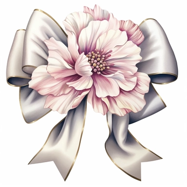watercolor ultra realistic and hyper detailed illustration of a beautiful vintage satin bow with flower accents, clipart, white background