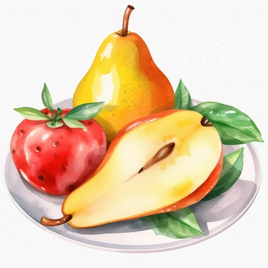 An pear fruit with a slice cut out, placed on a plate or tray with other fruits or desserts, Watercolor, pastels, clipart, beautiful, colourfull, png transparent white background, high resolution, no caption q4 s2