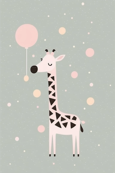 <https://s.mj.run/ngGVDeMVa8U> Mary Blair style, minimalistic nordic style single clipart, single lovely cute funny black Giraffe playing, minimalistic pastel pink color palette,