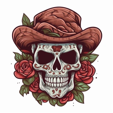 Sugar skull wearing a mexican hat with roses tattoo style , Clipart, Cartoon, vector, illustration style, mascot, isolated on white background