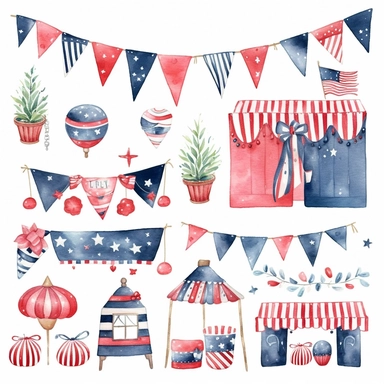 watercolor 4th of july patriotic decorations, illustrations clipart set, simple, , cartoon elements , bunting, ribbon elements, door wreaths, different variants , separate elements with a margin