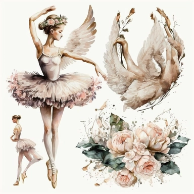 Ballerina, Fashion Girl Clip Art, Watercolor Clipart, Ballet Dance Swan Dancer, Tutu, Pointe Shoes, Flowers, Hand Drawn, Graphics on white background with margins, 8k