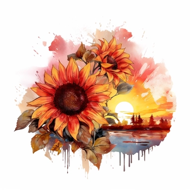 a watercolor of a sunflower sunset, cherry academy style, cherry red nuances, vector free clipart illustration, in the style of unreal engine 5, 32k uhd, detailed features, white background