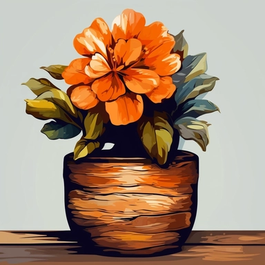 orange Flower inside a brown wood Pot Clipart in the style of oil painting, clean lines on a white background