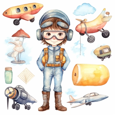 cute kawaii plane pilot , watercolor white background clipart set single elements with margin