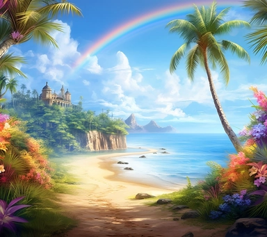 Clipart rainbow, beach, blue sea, spring scene, uhd image, ceramic, wallpaper, massurrealism,