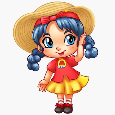 a cute blond little girl dressed for a brazilian junina party, with a blue and yellow flowing dress, braids in her hair, red shoes, happy, Monica's gang style, Graphics Maurício de Sousa, digital art, big eyes, cartoon, clipart , country girl from festa junina from brazil cute drawing white background