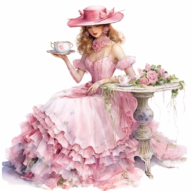 A Victorian lady hosting a pink-themed garden tea party, wearing an extravagant pink gown and a hat adorned with intricate silk flowers. The watercolor technique beautifully captures the joy and elegance of the gathering. Clipart, watercolor, white background, intricate detail
