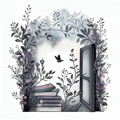 Fantasy periwinkle grey and black vintage book room clipart on a white background, an illustration of by Annabel Kidston, shutterstock contest winner, generative art, detailed painting, digital illustration, photoillustration isolated on white background, digital watercolor