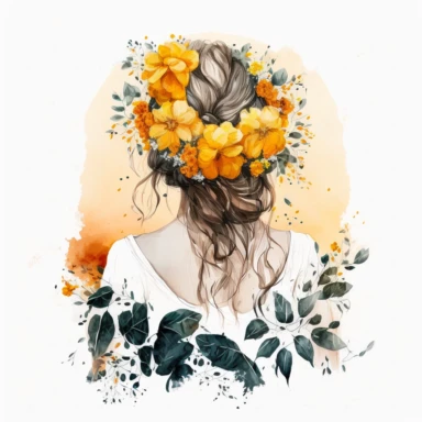 watercolor a woman’s face,full body, back view, White fabric leaves flowers marigolds decorate hair, wedding dress with flowers and leaves adorning her hair, hair up with flowers marigolds vividly bold designs png Full body realistic cartoon in 32k uhd cute. 15 cm outline. black color. there was no shadow on the ground. 8k with realistic watercolors, and detailed illustrations. png Clipart, transparent white background