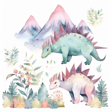 friendly, fluffy watercolor dinosaurs clipart, pastel colors, in the mountains, forest, separated, seamless, transparent background--AR 3:2