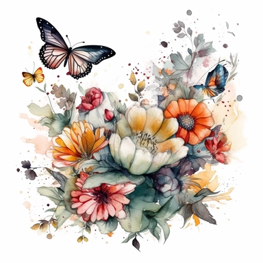 bright watercolor wild floral and butterflies clip art design for wedding invitations with a thick black outline and white background