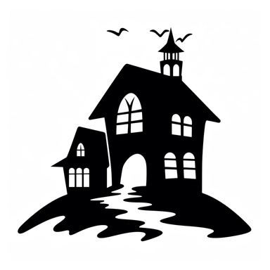 black and white silhouette of a haunted house icon, clipart style, white background, thick lines, vector, simple design, flat colour, solid colour, halloweencore, from a distant perspective