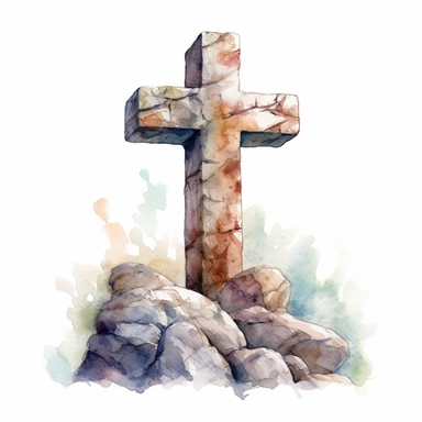 watercolor of a stone christian cross, high quality, detailed, realistic, digital illustration, white background, HDR, rtx on,textural richness, digital illustration, clipart