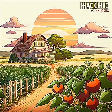 A clipart, A field of tomato crops with a country sunset in the background and a farmhouse, only one clipart, white background, vibrant colors, cartoon,style ghibli, hand drawn, watercolor