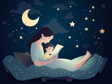 The clipart shows a mother and child snuggled up in bed, with the mother reading a bedtime story, stars twinkling around them.